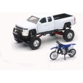 NEW-RAY Replica 1:43 Truck/race Bike Chevy White/yamaha Bike Blue